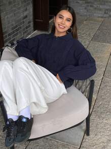 DAZY Solid Color Loose Fit Long Sleeve Turndown Collar Zipper Twist Rope Women Sweater,Fall Women Clothes - Navy Blue - View 4