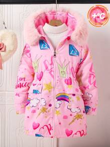 SHEIN Áo khoác mùa đông thường ngày rộng rãi họa tiết vương miện và chữ Tween Girl - Hồng - Xem 7