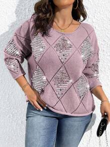 SHEIN Unity Pull tricoté casual à encolure ronde, épaules tombantes, avec accent de sequins brillants et effet ajouré, pour femmes grandes tailles. Idéal pour le printemps, l'automne et l'hiver - Prune - Voir 3