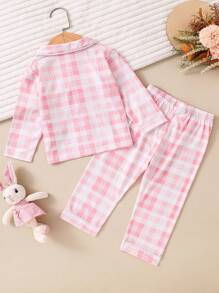圣诞女婴格子印花卡通刺绣睡衣套装 - 粉色 - 查看 2