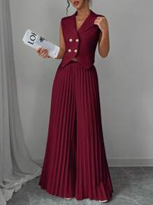 Elenzga Women's Solid Color Front Button Sleeveless Simple Top And Pants Suit, Elegant Set