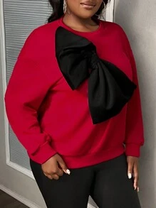 Slaydiva Plus Size Women Casual Loose Bowknot Decor Sweatshirt, Suitable For Everyday Wear In Autumn - Red - View 4