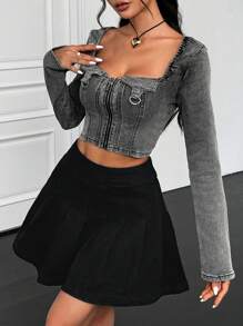 SHEIN Essnce 1 件女式纯色拉链领修身牛仔长袖衬衫 - 深灰色 - 查看 5