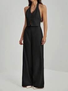 SHEIN Tall 办公室女士V领露背无袖上衣+阔腿裤修身加长套装 - 黑色 - 查看 3