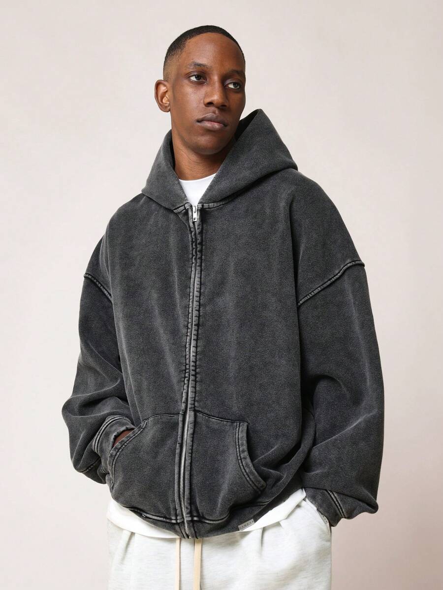 SUMWON 超大版型基本款拉链优质水洗连帽衫 - 黑色 - 查看 1