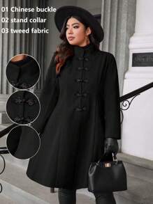 Celure Manteau en tweed mi-long, col montant style chinois, design avec boutons, taille en A, coupe grande taille