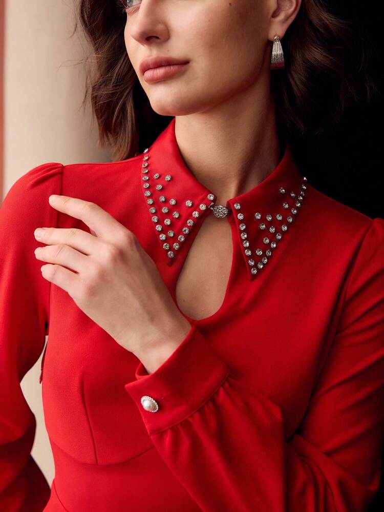 VESTIDO MIDI COM DECOTE EM BURACO DE FECHADURA DE STRASS SÓLIDO SEM CINTO, ROUPAS DE ANO NOVO, LOOK FEMININO