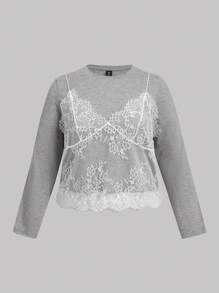 SHEIN MOD Áo thun dài tay 2 trong 1 họa tiết ren chắp vá cỡ lớn cho nữ, mùa thu/đông - Màu Xám nhạt - Xem 1