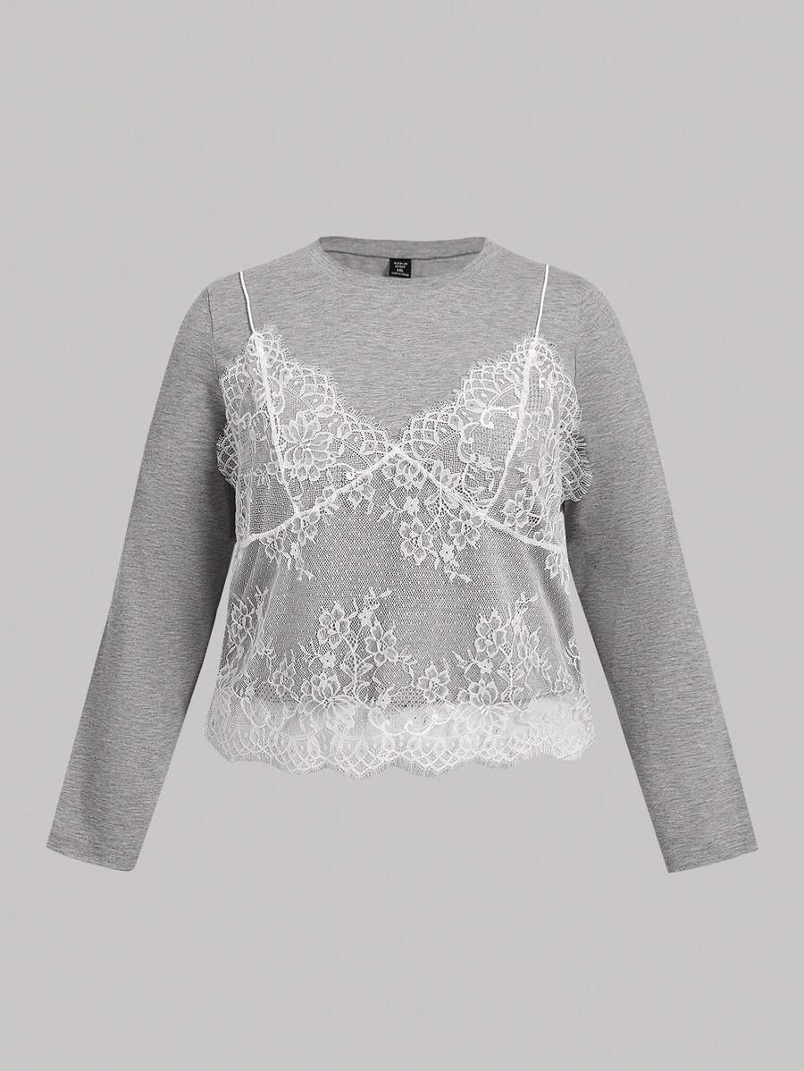SHEIN MOD Áo thun dài tay 2 trong 1 họa tiết ren chắp vá cỡ lớn cho nữ, mùa thu/đông - Màu Xám nhạt - Xem 1