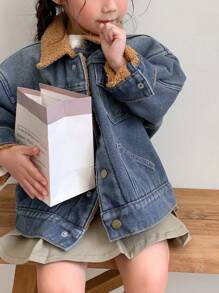 DAZY Chaqueta de mezclilla con parches de felpa para niña, informal para otoño/invierno