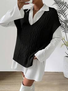 Chiquease Cable Knit Split Hem Sweater Vest - Black - View 3