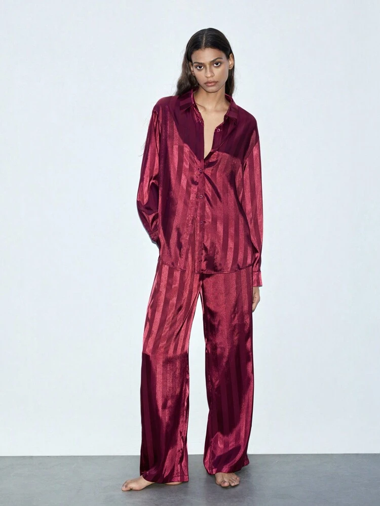 SHEIN Maija 2pcs Women Casual Maroon Solid Color Striped Loose Blouse Top And Pants Set, Button Down Long Sleeve Shirt And Pants, Autumn/Winter