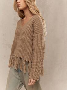 MISSGUIDED Ribbed Knit Frayed Hem Pullover Sweater V Neck Chunky Winter Fall Autumn Casual Long Sleeve Knitwear Slouchy Oversize Jumper - Brown - View 4