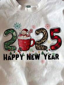 SHEIN EZwear Casual Christmas 2025 New Year Graphic Round Neck Short Sleeve Fitted Women T-Shirt, 34% Cotton, Summer