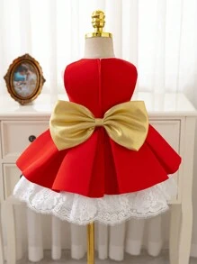Glamorique Kids 圣诞派对装圣诞老人连衣裙，适合女婴，新款秋冬蝴蝶结缎带蕾丝边连衣裙，幼儿生日派对网纱薄纱裙 - 紅色 - 查看 1