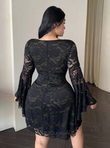 Flirla Plus Size Women's Lace Up Ruffle Square Neck Exaggerated Flare Sleeve Party Elegant Dress - Black - View 2