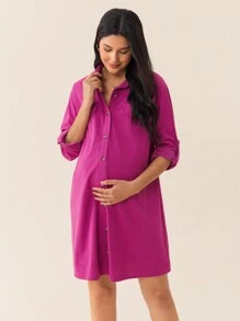 SHEIN Robe longue à manches longues en velours côtelé magenta avec boutons avant et ourlet à franges, pour la grossesse, printemps et automne - Rose bonbon - Voir 6