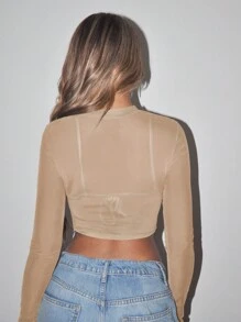 SHEIN ICON Mock Neck Ruched Mesh Perspective Crop Top Without Bra - Apricot - View 2