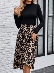 EMERY ROSE Bộ 2 áo thun dài tay màu trơn đơn giản cho nữ và chân váy xẻ cao in họa tiết hoa, mùa thu - Nhiều màu - Xem 2