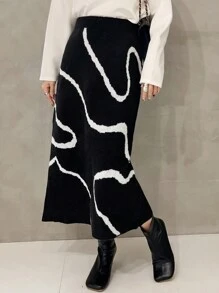 FRIFUL Women's Casual Colorblock Pattern Knitted Skirt, Autumn/Winter - Black - View 1