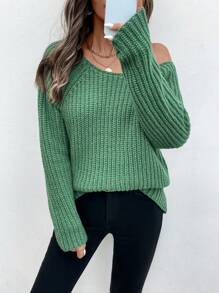 SHEIN LUNE Women's Casual Solid Color Raglan Sleeve Sweater Knit Pullover Fall Winter - Green - View 1