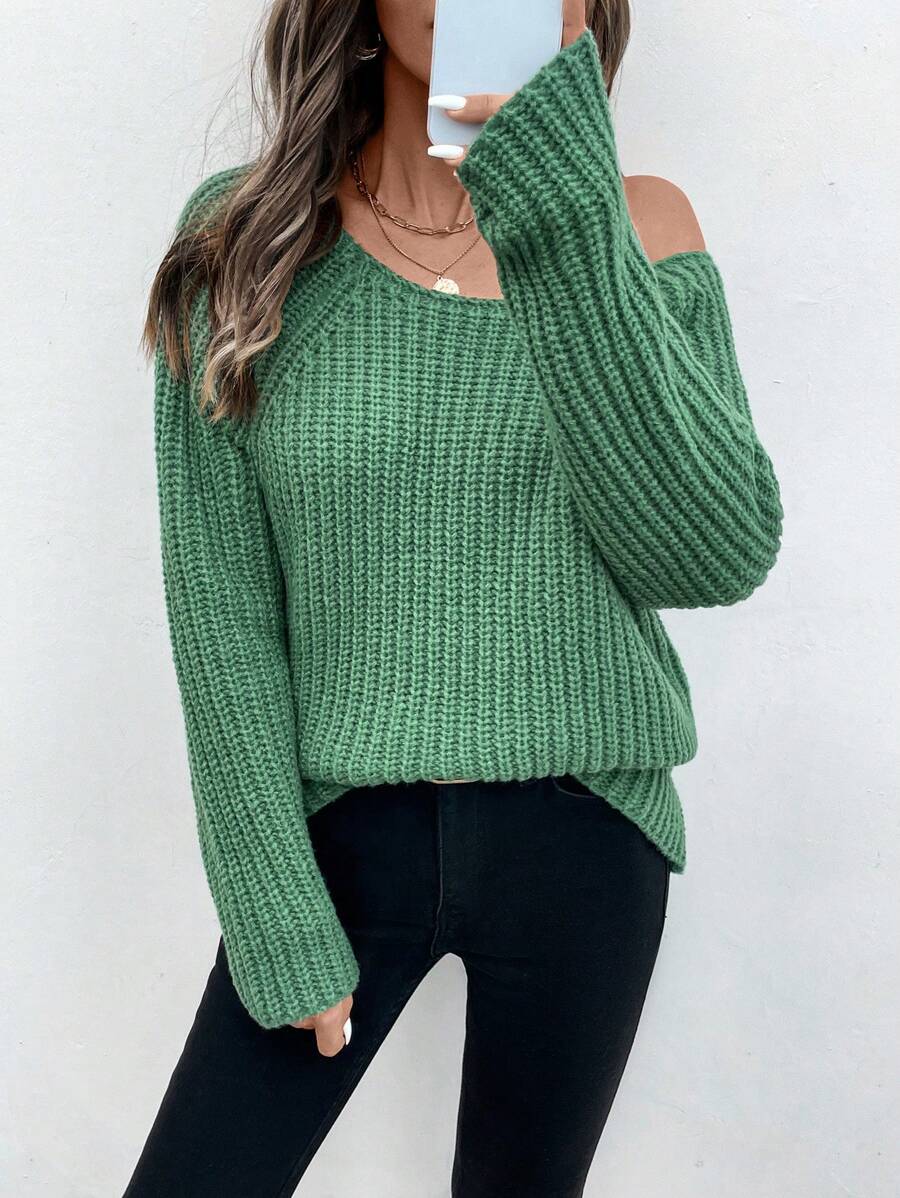 SHEIN LUNE Women's Casual Solid Color Raglan Sleeve Sweater Knit Pullover Fall Winter - Green - View 1
