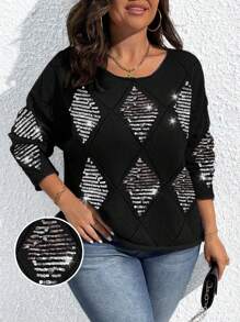 SHEIN Unity Plus Size Women Spring & Autumn Round Neck Drop Shoulder Hollow Out Sequins Decor Daily Pullover Sweater, Grey, For Winter Knit Pullover Fall Sweater - Black - View 1