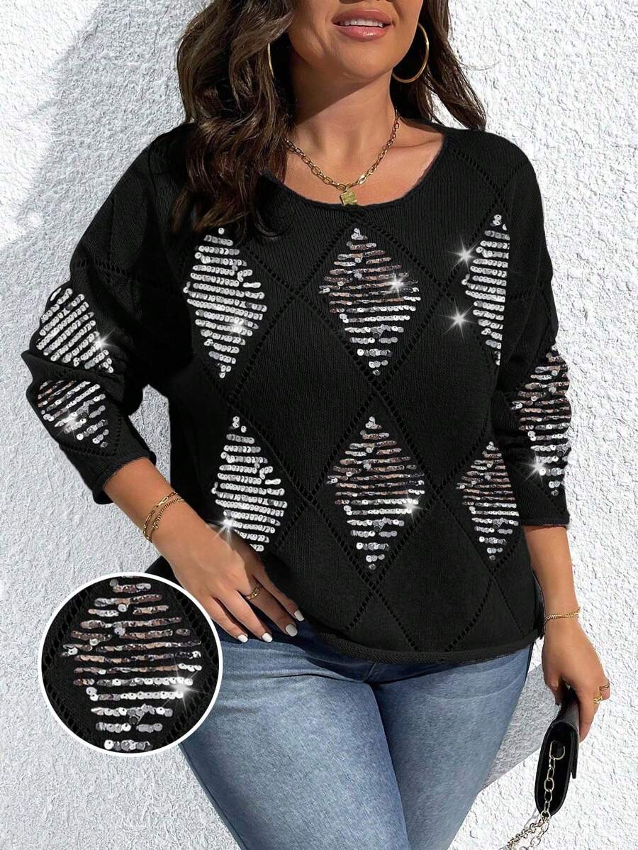 SHEIN Unity Plus Size Women Spring & Autumn Round Neck Drop Shoulder Hollow Out Sequins Decor Daily Pullover Sweater, Grey, For Winter Knit Pullover Fall Sweater - Black - View 1