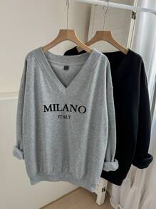 SHEIN LUNE 2 chiếc/bộ Áo nỉ cổ chữ V in chữ MILANO cỡ lớn ấm áp, phù hợp cho mùa thu/đông - Nhiều màu - Xem 1
