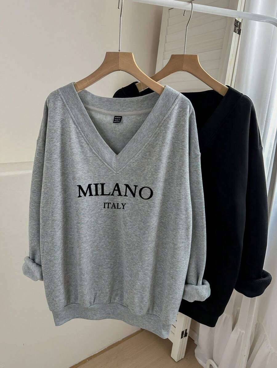 SHEIN LUNE 2 chiếc/bộ Áo nỉ cổ chữ V in chữ MILANO cỡ lớn ấm áp, phù hợp cho mùa thu/đông - Nhiều màu - Xem 1