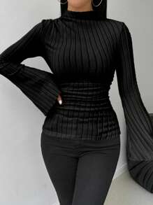 RosyDaze Camiseta feminina de manga comprida, versátil, de malha elástica, com nervuras, macia e agradável à pele, casual, com mangas sino, com acabamento canelado fino, para outono e primavera