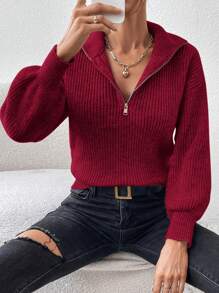 SHEIN Frenchy 半拉链落肩粒纹毛衣 - 酒紅色 - 查看 5