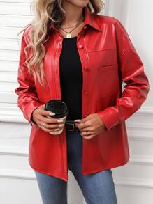 SHEIN LUNE 2024 Autumn/Winter New Women Red Front Open Jacket Coat Leather - Red - View 3