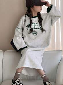 Dazy Kids 青少年女孩秋季青少年女孩圆领保暖衬里直筒连衣裙，返校服装 - 墨綠色 - 查看 2