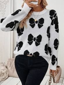 SHEIN LUNE Women Casual Simple French Style Bow Pattern Long Sleeve Sweater Knit Pullover Fall Winter - White - View 3