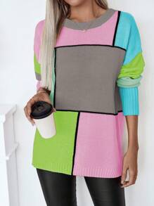 SHEIN LUNE 女士休闲拼色圆领撞色长袖毛衣 - 彩色 - 查看 4