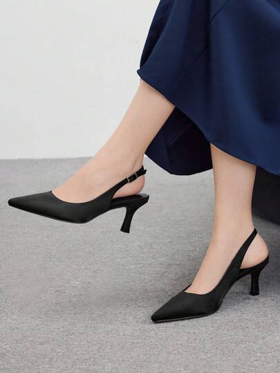 CUCCOO BIZCHIC Mode svart satin spetsad tå högklackat pumpar, lämplig för arbete, datum, fest, bröllop, nyårshelgdag