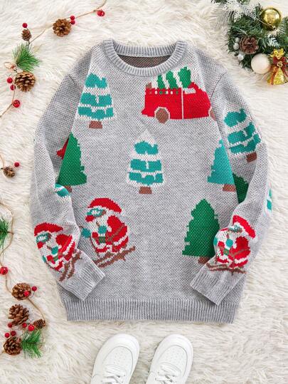Men's Casual Santa Claus & Pickup Truck Pulling Christmas Tree Pattern Crew Neck Jacquard Knitted Sweater, Suitable For Christmas Party In Autumn/Winter