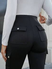 SHEIN Maternity Solid Color Pocket Design Basic Leggings, Casual For Daily Wear - Black - View 3