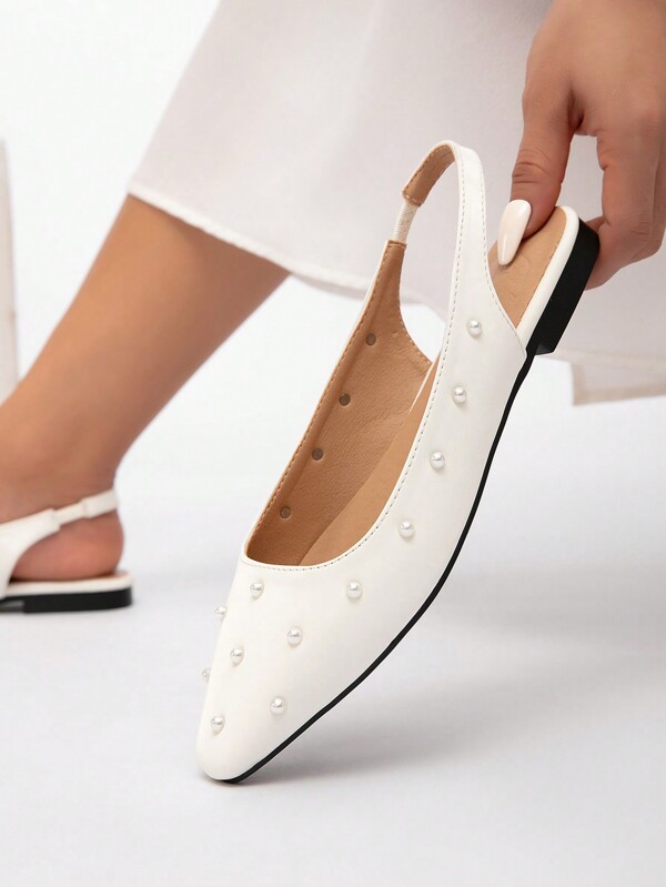 CUCCOO CHICEST Vrouwen Pearl Decor Zachte Platte Muiltjes In Elegante Witte Kleur