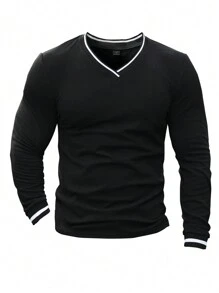 Manfinity Homme Men Casual Colorblock Trim Fitted Long Sleeve T-Shirt, Autumn, For Going Out, For Husband, For Fall - Black - View 5