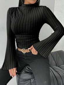 RosyDaze Camiseta feminina de manga comprida, versátil, de malha elástica, com nervuras, macia e agradável à pele, casual, com mangas sino, com acabamento canelado fino, para outono e primavera