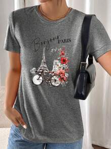 INAWLY T-shirt Paris France avec graphique de la tour Eiffel, Top d'été décontracté pour femme pour voyager - Gris foncé - Voir 3