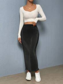 SHEIN Essnce Women Solid Color Elastic Waist Curved Hem Casual Maxi Skirt - Dark Grey - View 4