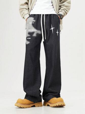 Street Life Jeans rectos de pierna suelta con cordón en la cintura, estampados con letras y estrellas, de moda casual y urbana para hombres