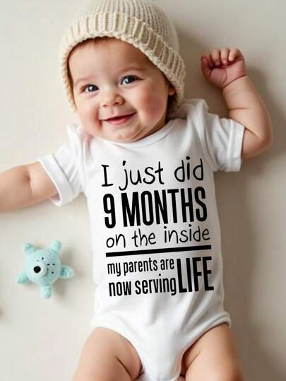 SHEIN Playful Pals Baby Boy Casual Fashion Simple Creative Letter Slogan Graphic Print Triangle Style Short Sleeve Bodysuit