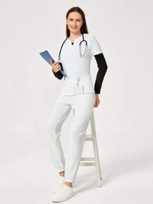 TaskEZ 1 套纯色短袖上衣和裤子 手术服套装 手术服套装 护士服 手术服上衣 手术服下衣 实验室外套 手术服外套 - 白色 - 查看 3
