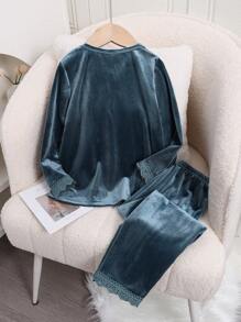 2pcs/Set Girls Casual Solid Foggy Blue Velvet Ruffle Trim Long Sleeve Top & Pants Loungewear Set - Dusty Blue - View 2