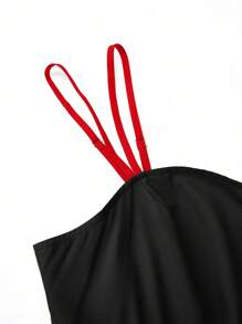 SHEIN LUNE 1pc Women's Solid Color Splicing Spaghetti Strap Ruched Casual Dress Maxi Women Outfit - Multicolor - View 3