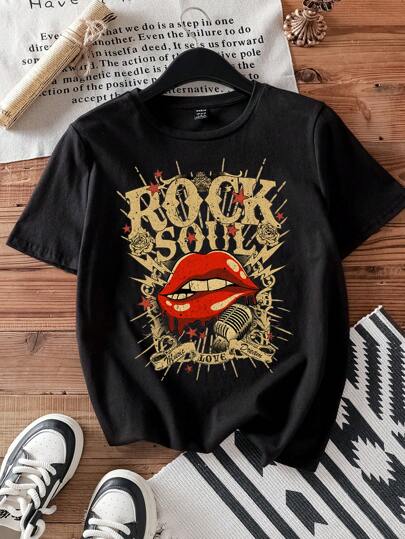 Attitoon Rock Soul Vintage Style Rock 'n' Roll Red Lips Lightning Stars Graphic Loose Crew Neck Short Sleeve T-Shirt For Women, 34% Cotton, Summer Suitable For Going Out
